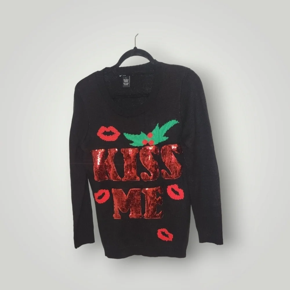 Womens Ugly Christmas Sweater Small Black Kiss Me Mistletoe Sequins Large